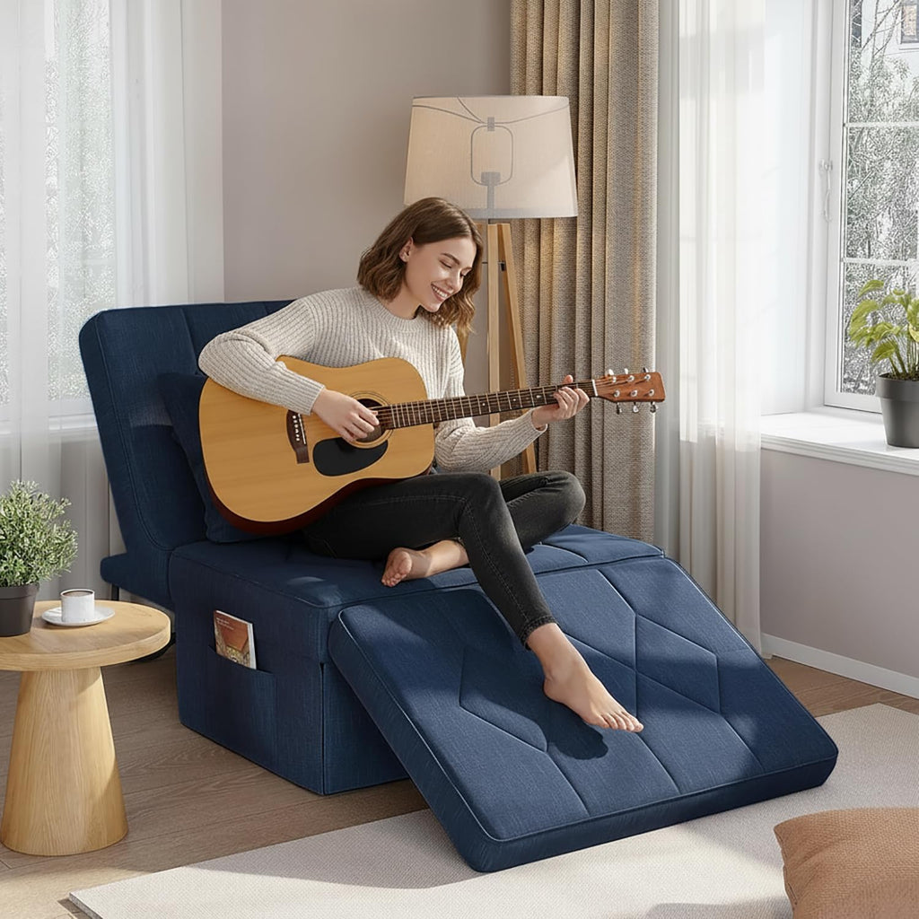 28" Folding Sofa Bed with 5-Level Adjustable Backrest, Navy Blue | 4-in-1 Convertible Sleeper Chair Bed, Modern Single Futon Couch, Ottoman Bed for Living Room, Apartment, Dorm & Small Space