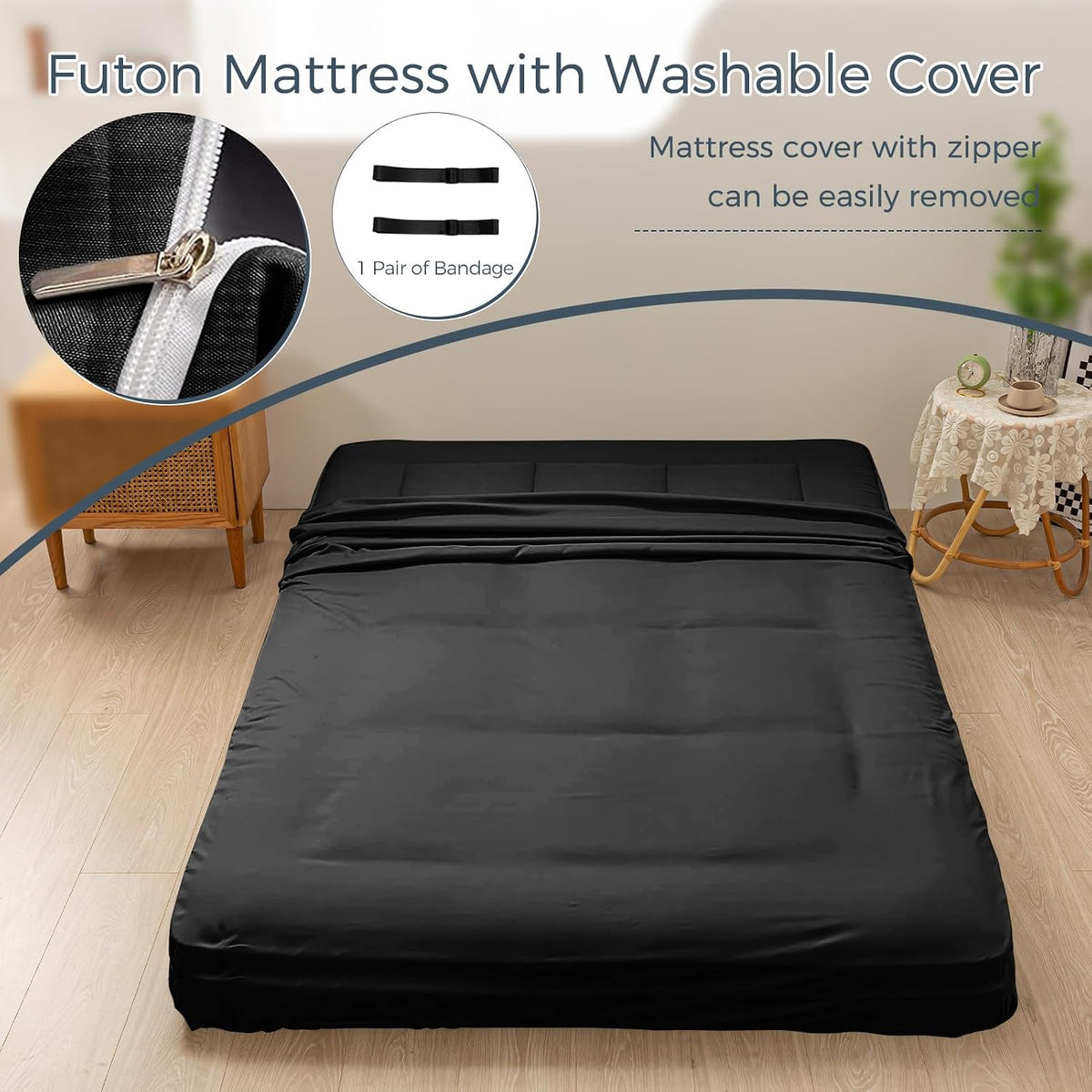 MAXYOYO 6" Extra Thick Floor Futon Mattress, Foldable Japanese Floor Mattress for Adults, Roll Up Tatami Pad for Guest Room, Black, Queen