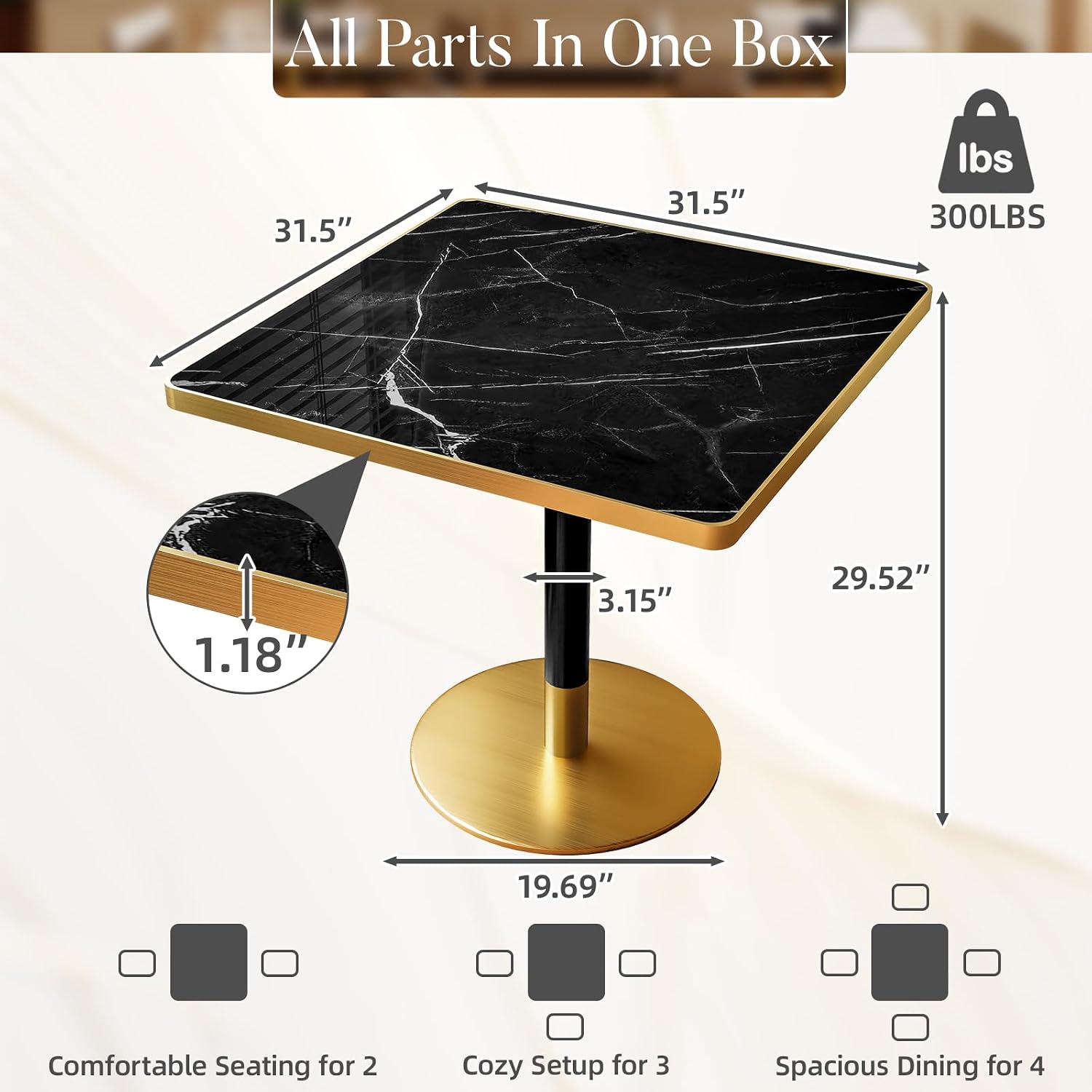 31.5'' Tulip Table, Square Dining Table with Sintered Stone Tabletop | Gold Edge & Pedestal, Bistro Table for 2-4 Person for Dining Room/Café/Small Spaces/Restaurant (Black Marble Vein)