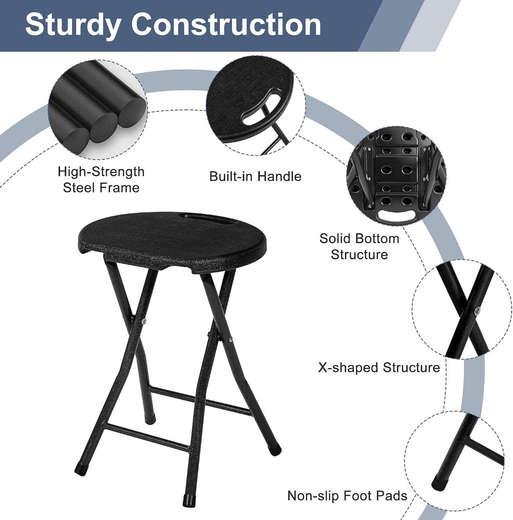 VECELO Folding Stool 18" with Handle, Solid Bottom Support, Iron X-Frame, 500 lbs Capacity, Anti-Slip Feet, Easy Clean, Lightweight Foldable Stool for Camping, Kitchen, Vanity and Outdoor, Black