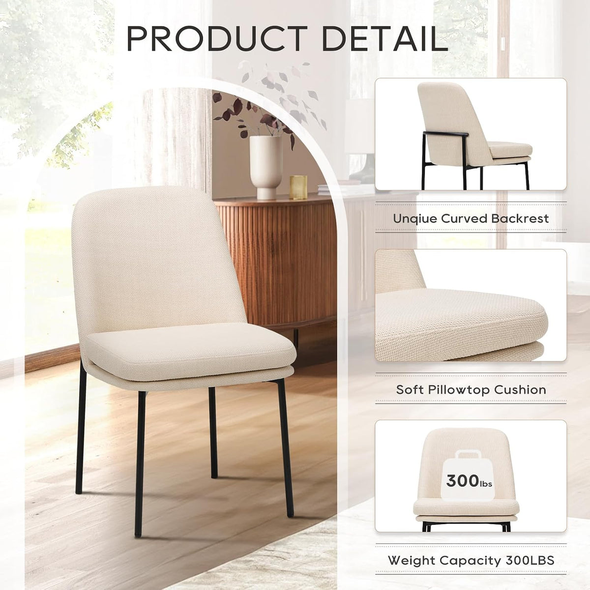 COLAMY Upholstered Dining Chairs Set of 6, Beige | Modern Dining Room Chairs with Curved Back, Dinner Chair Kitchen Chairs and Metal Legs