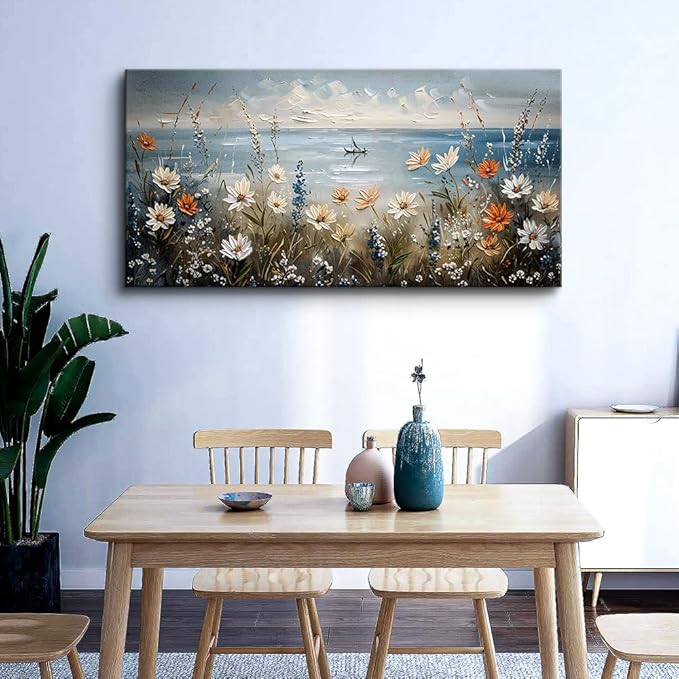 MHARTK66 Large Wall Art For Bedroom Canvas Wall Decor For Living Room Flowers Wall Paintings Blue Ocean Landscape Pictures Artwork Modern Home Decorations For Office Ready To Hang 30"X60"
