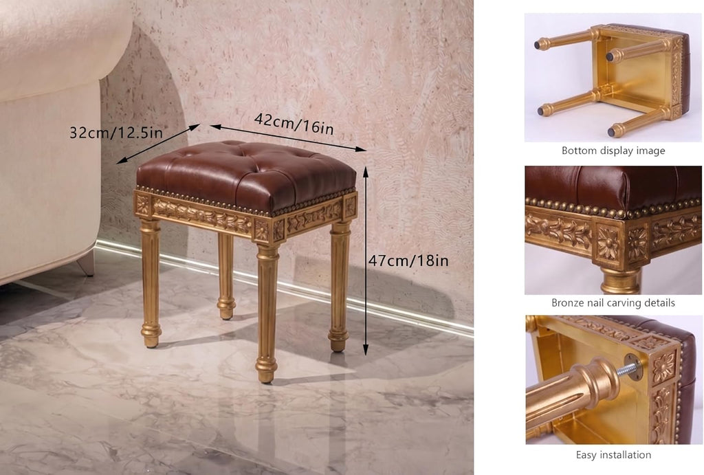 Vanity Stool, French Vintage Square Stool with Cushion, Round Tufted Upholstered for Living Room Dining Room Entryway, Makeup Foot Ottomans