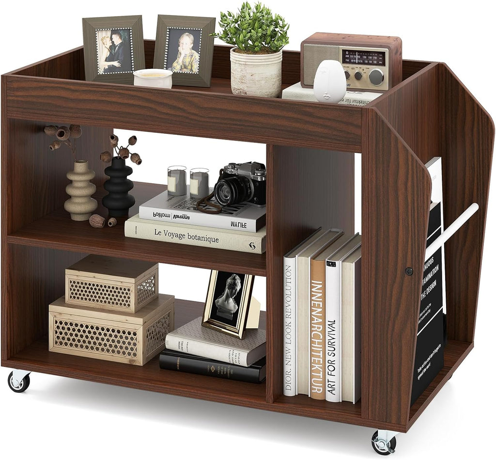 Giantex Rolling End Table with Storage, 3-Tier Side Table with Magazine Rack & Open Shelves, 4 Universal Wheels, Farmhouse Mobile Lateral Filing Cabinet for Study Living Room Bedroom