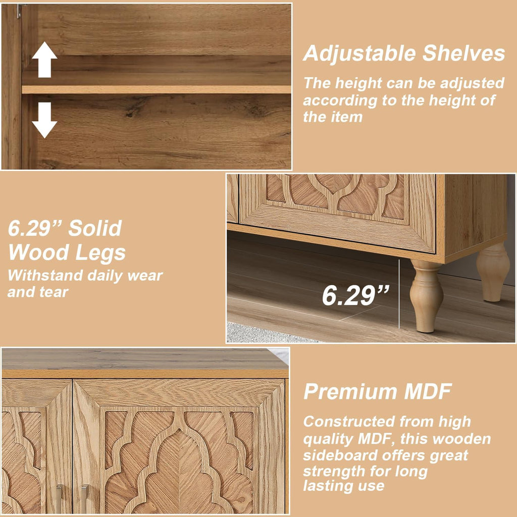 Sideboard Buffet 63" Credenzas for Living Room, Entryway Table with Storage Cabinet Natural Wood Color, Carved Flowers Doors & Cable Holes