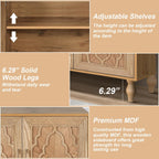 Sideboard Buffet 63" Credenzas for Living Room, Entryway Table with Storage Cabinet Natural Wood Color, Carved Flowers Doors & Cable Holes