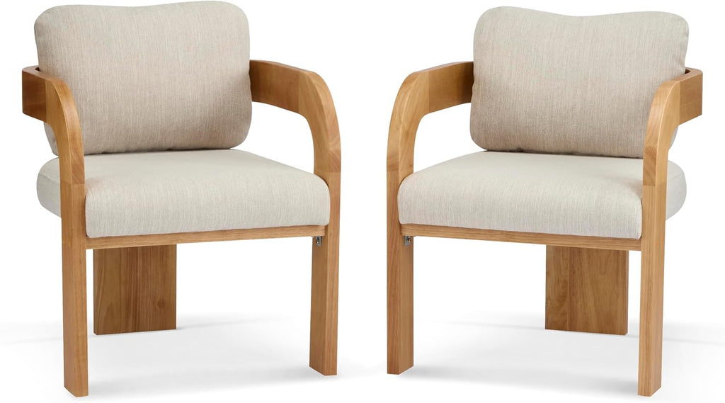 Christopher Knight Home Yorick Modern Dining Chair Set of 2 with Cushion, Solid Wood Dining Room Armchair Set, Curved Backrest Kitchen Side Chair, Living Room Comfy Extra Seat, Natural+Beige