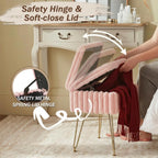 EBENCHICO Vanity Stool Chair with Storage, Faux Fur Stools for Vanity | Makeup Ottoman, Foot Stool, with 4 Metal Legs, Adjustable Feet, Small Vanity Bench, for Living Room Bedroom, Pink