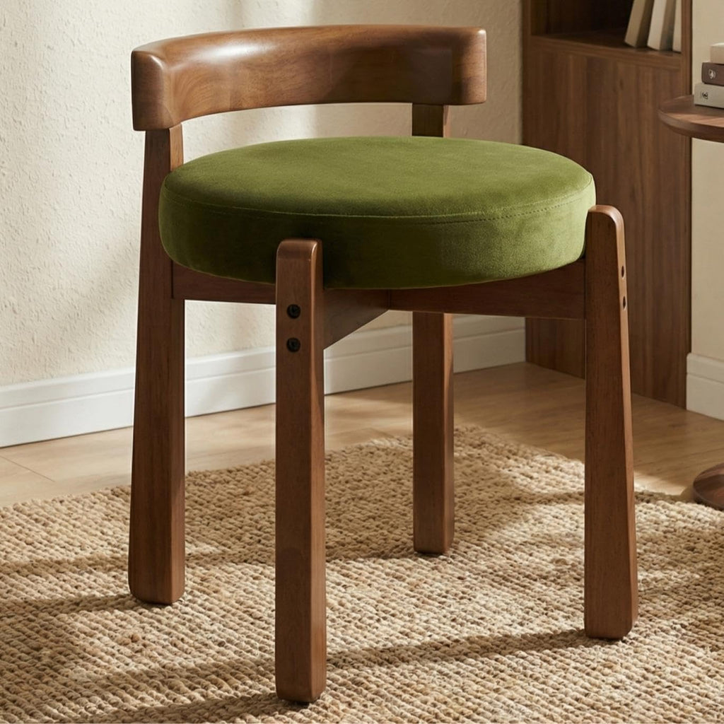 DUOMAY Velvet Vanity Stool with Low Back, Upholstered Round Makeup Stool, Cute Solid Wood Legs Footrest Ottoman for Bedroom, Dressing Table, Living Room (Green)
