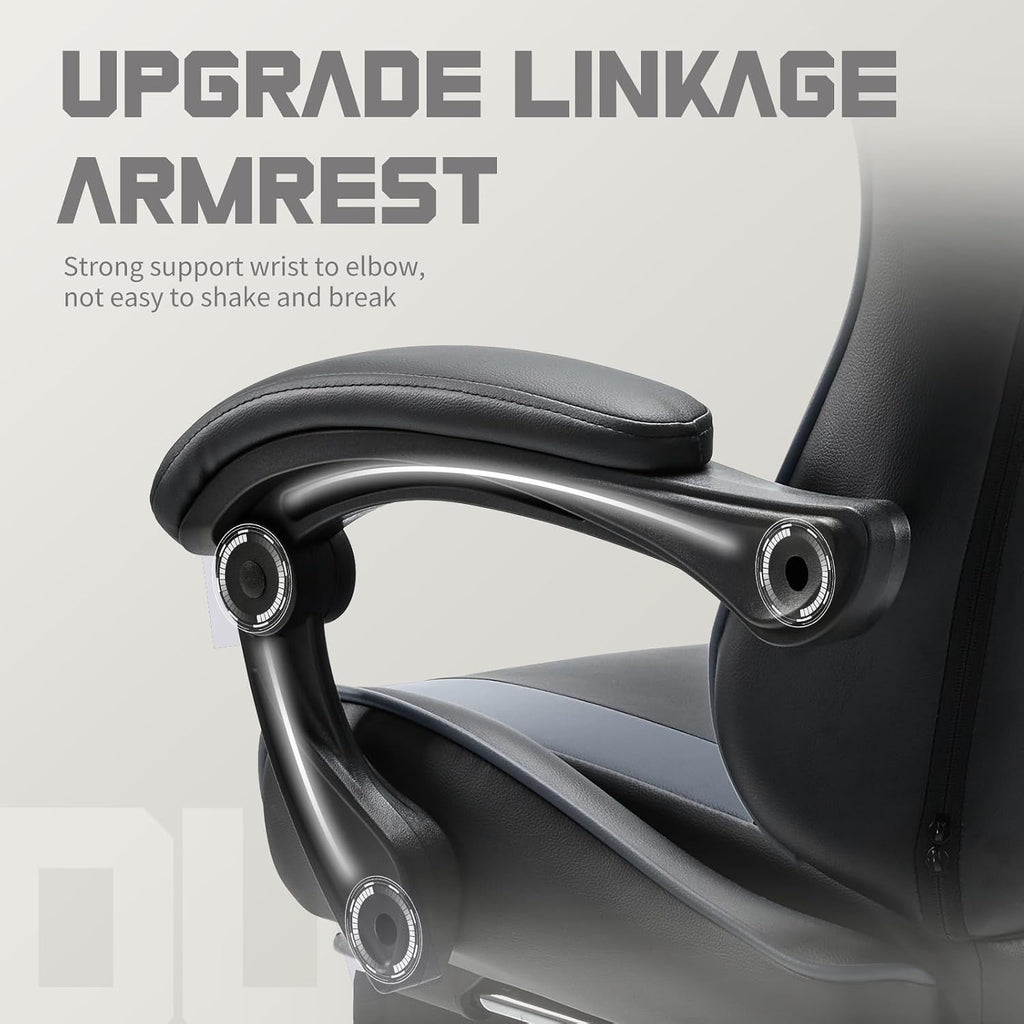 DUMOS Ergonomic Gaming Chair with Footrest, Home Office Desk Chair | PU Leather, Headrest, Linkage Armrests, Height Adjustable, 360 Swivel Reclining, Black Grey