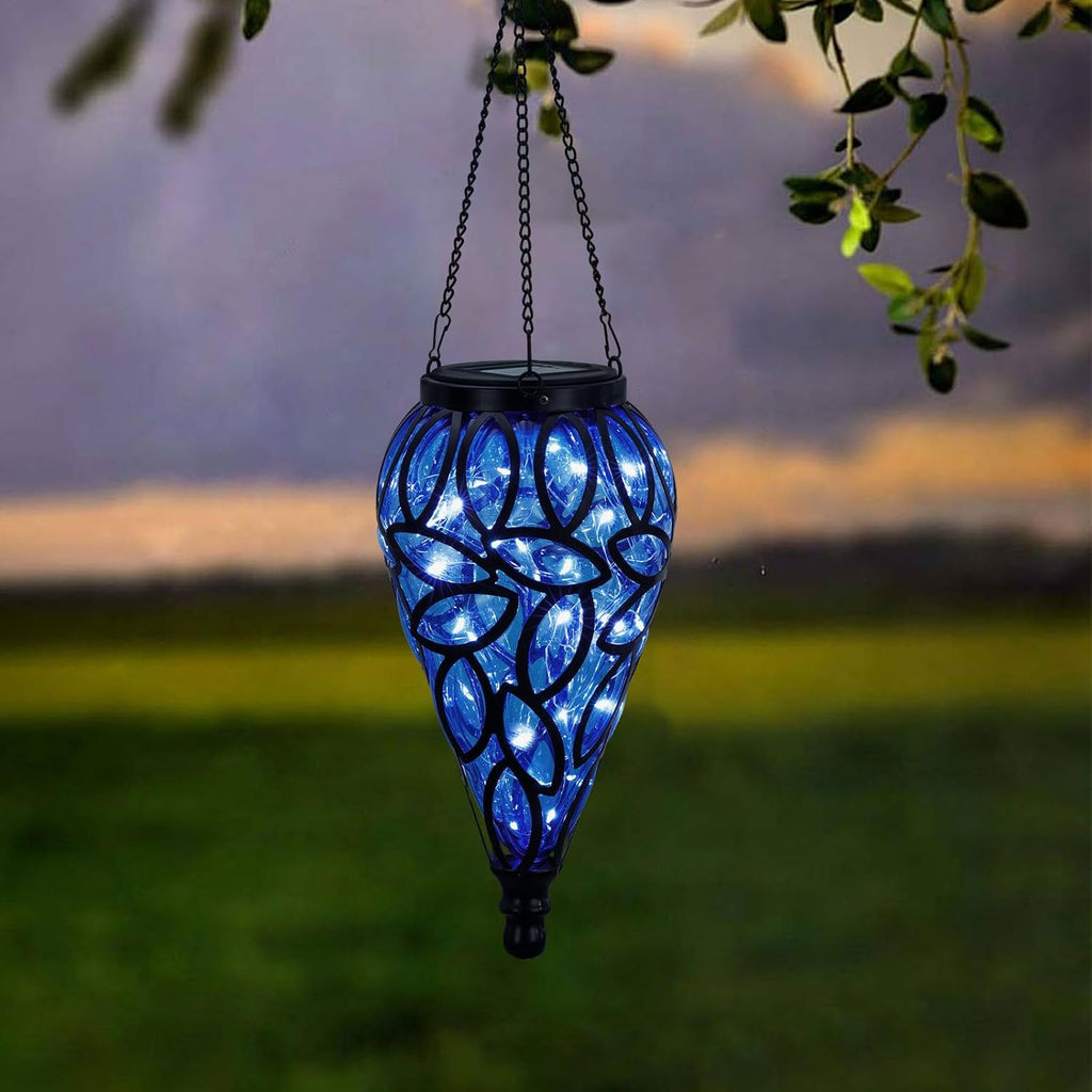 Solar Hanging Lantern Lights, Tear-Drop 15-LED – Cool White Outdoor Lights with S-Hooks
