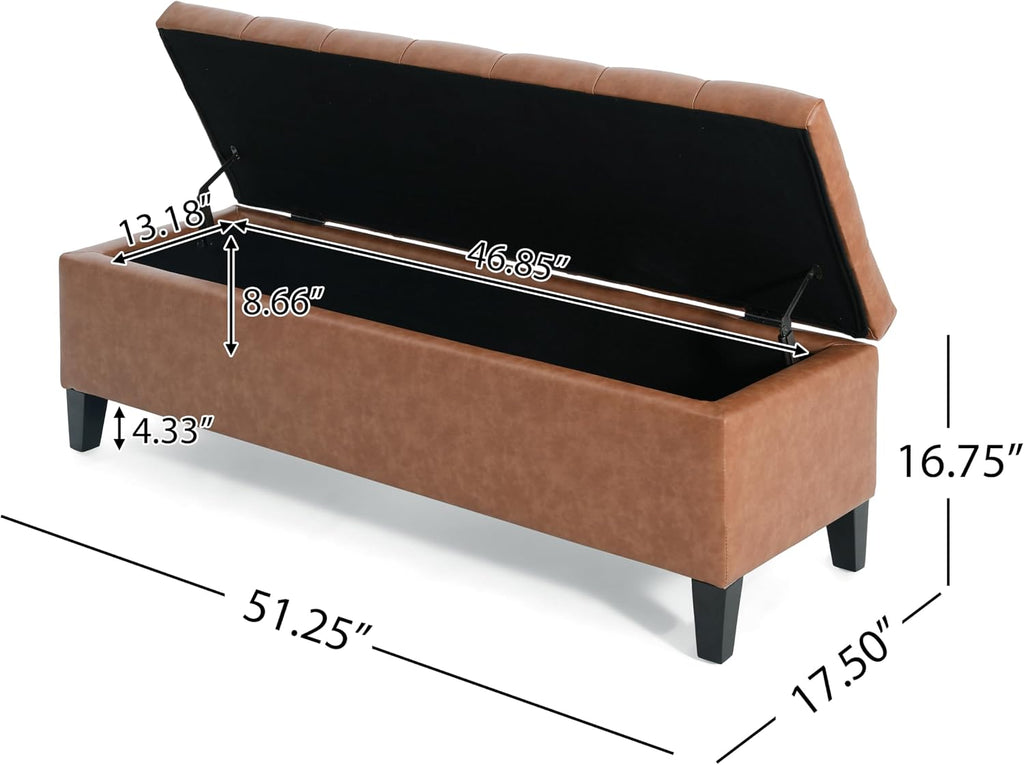 PU Storage Ottoman Bench - Leather Storage Bench End of Bed with Safety Hinges, Tufted Ottoman for Living, Dining Room, Entryway and Hallway, Brown