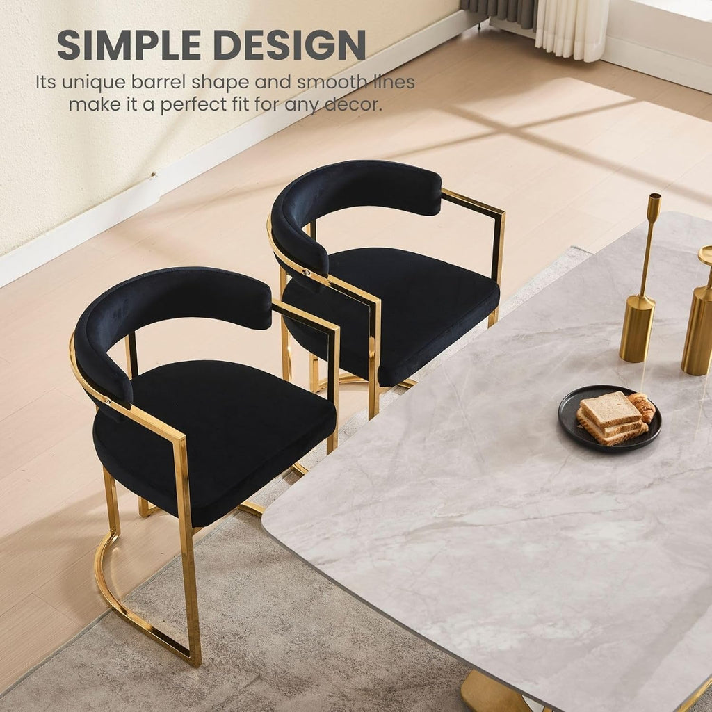 Black Velvet Upholstered Dining Chairs Set of 4, Modern Barrel Dining Chair with Gold Legs, Kitchen Chairs Open Back Accent Chairs Arm Side Chair for Living Dining Room/Vanity