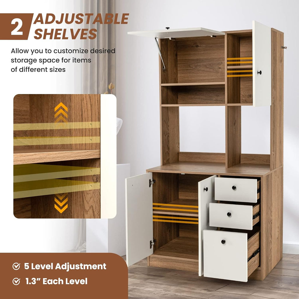 LOKO 71” Tall Kitchen Pantry Storage Cabinet, Freestanding Buffet Hutch with Doors, Adjustable Shelves, 3 Drawers and Microwave Stand, Kitchen Hutch for Dining Room, Living Room (White & Natural)