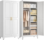 Polup Metal Armoire Wardrobe Closet, 71" Tall Wardrobe Cabinet with 2 Doors | Heavy Duty Steel Clothing Storage Cabinet with Hanging Rod & 3 Adjustable Shelves for Bedroom, Office, Broom Closet, White