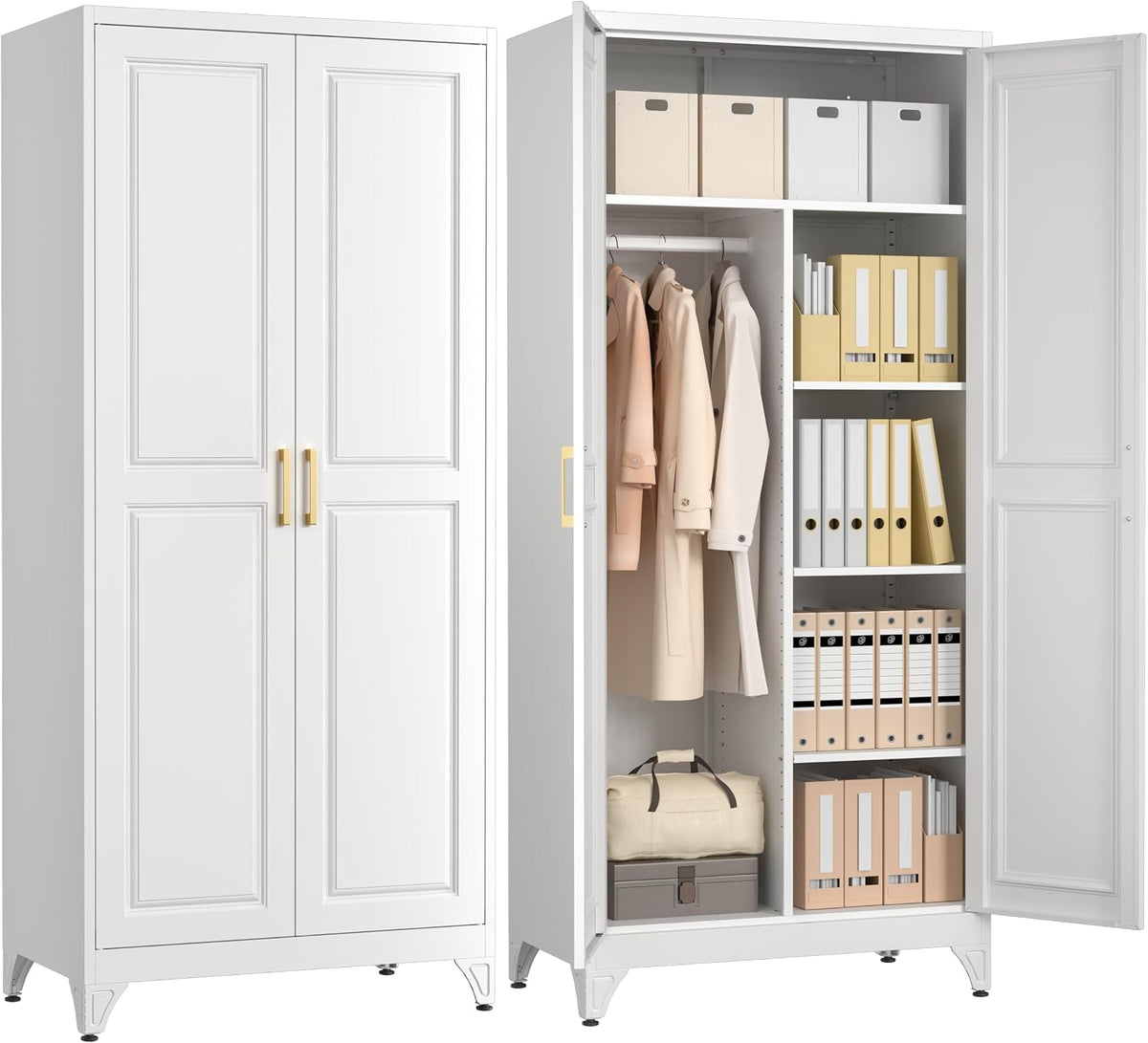 Polup Metal Armoire Wardrobe Closet, 71" Tall Wardrobe Cabinet with 2 Doors | Heavy Duty Steel Clothing Storage Cabinet with Hanging Rod & 3 Adjustable Shelves for Bedroom, Office, Broom Closet, White