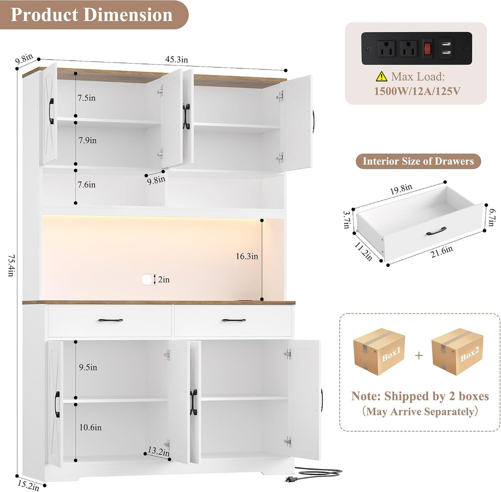 HOSTACK 75" Tall Kitchen Pantry Storage Cabinet, 45" W Hutch Cabinet, White | Farmhouse Pantry Cabinet with Charging Station / LED Lights / Countertop, Wood Kitchen Hutch with 2 Drawers for Dining Room