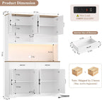 HOSTACK 75" Tall Kitchen Pantry Storage Cabinet, 45" W Hutch Cabinet, White | Farmhouse Pantry Cabinet with Charging Station / LED Lights / Countertop, Wood Kitchen Hutch with 2 Drawers for Dining Room
