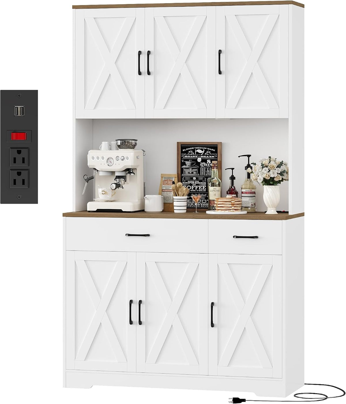 HOSTACK 71"H Kitchen Pantry Storage Cabinet, Farmhouse Hutch Cabinet, White | Space-Saving Pantry Cabinet with Charging Station & 2 Large Drawers & Adjustable Shelves, Tall Kitchen Hutch, Dining Room