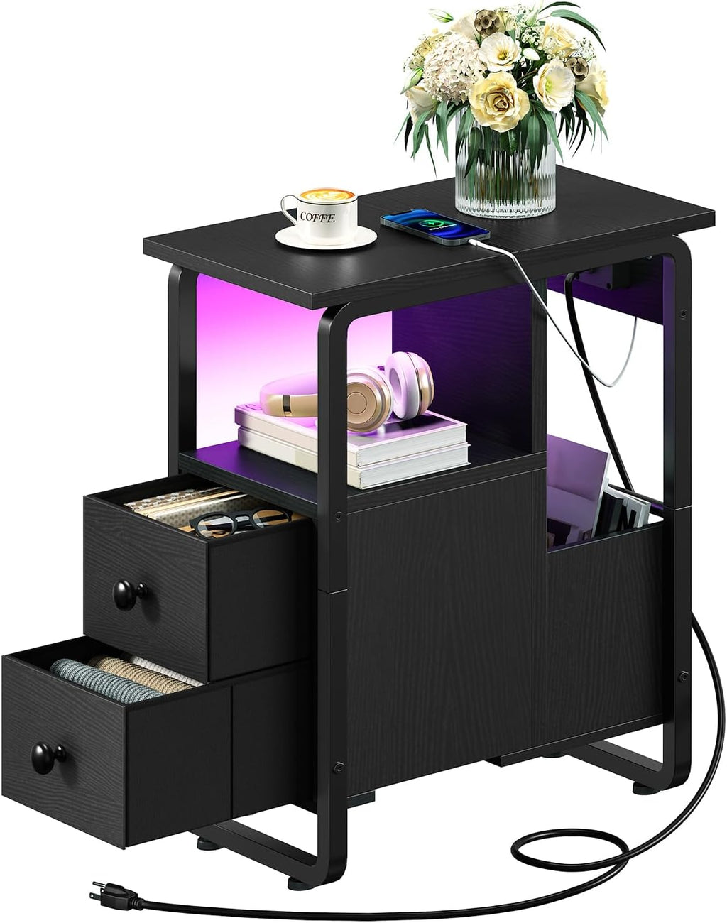 HOOBRO Narrow End Table with Charging Station & LED Lights, Slim Nightstand with 2 Fabric Drawers and Open Shelves, Narrow Side Table for Living Room, Bedroom, Black BB430UDBZ01