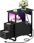 HOOBRO Narrow End Table with Charging Station & LED Lights, Slim Nightstand with 2 Fabric Drawers and Open Shelves, Narrow Side Table for Living Room, Bedroom, Black BB430UDBZ01