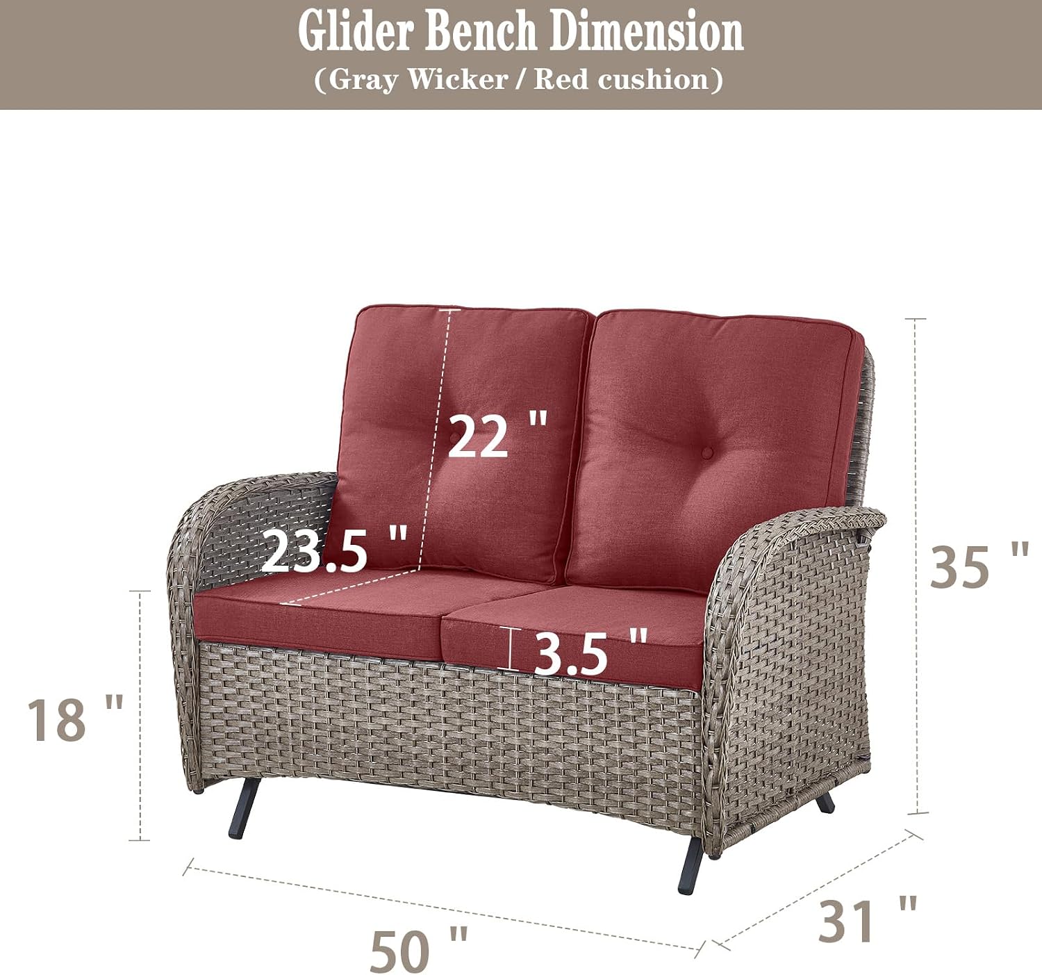 Belord Outdoor Glider Bench Patio Loveseat - 500 Lbs Weight Capacity 2 Seater Wicker Sofa, Small Porch Glider Furniture All Weather Rattan Couch with Removble Cushion for Balcony Deck Backyard, Gray