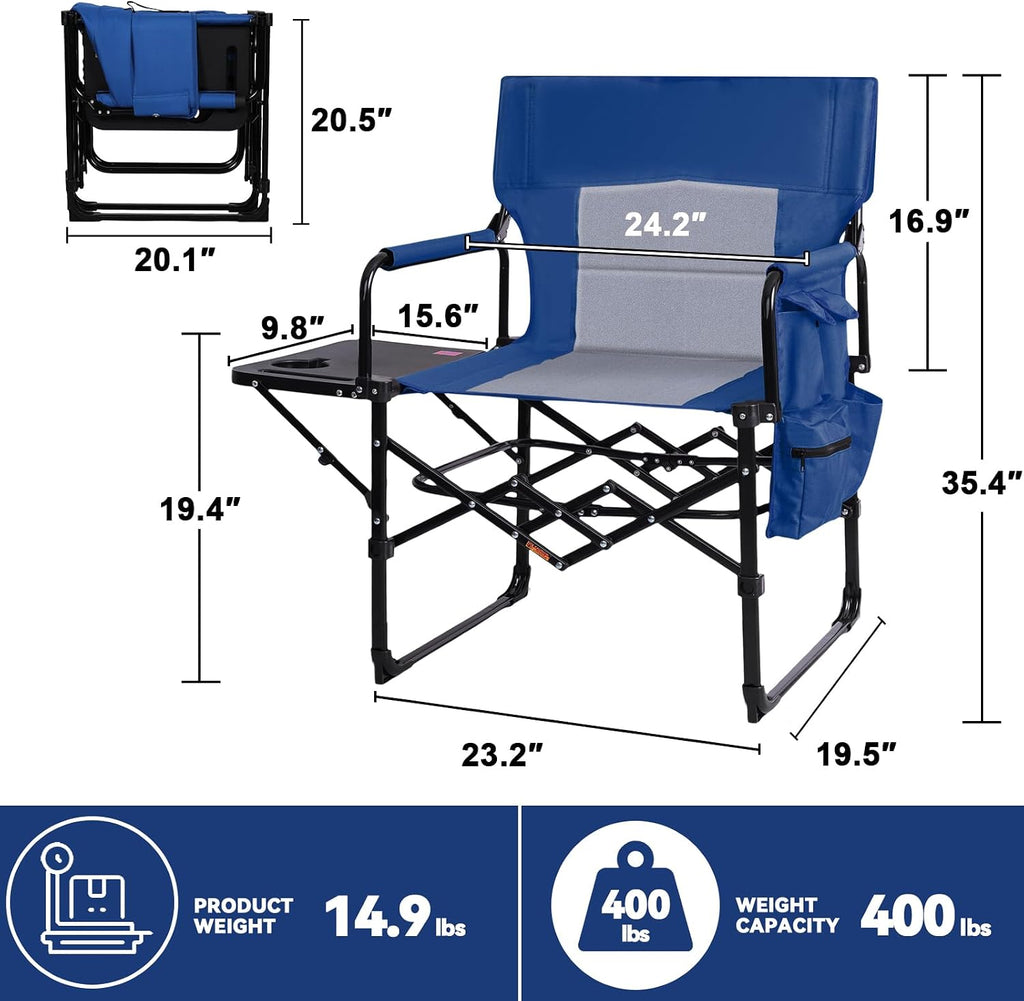 Romswi 2Pack Director Chairs for Outdoor, Folding Camping Chair, Compact Directors Chair Side Table and Side Bag, Heavy Duty Oversize Chair for Beach Fishing Picnic, Holds up to 400 lbs Blue