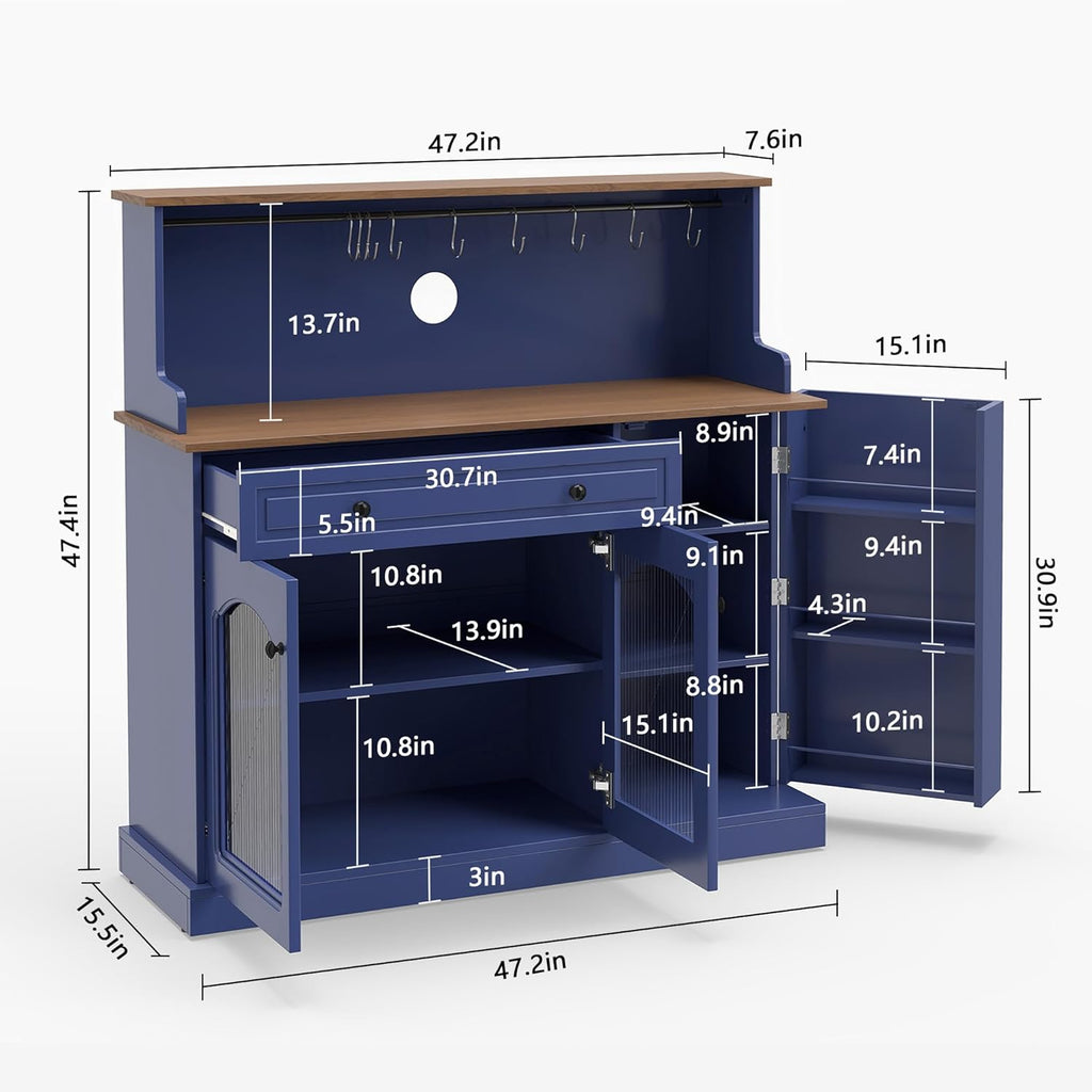 Kitchen Pantry Cabinet with Drawer Storage, 48” Modern Farmhosue Kitchen Hutch with Glass Doors, Blue Storage Cabinet with Countertop and Adjustable Shelves for Dining Room, Living Room