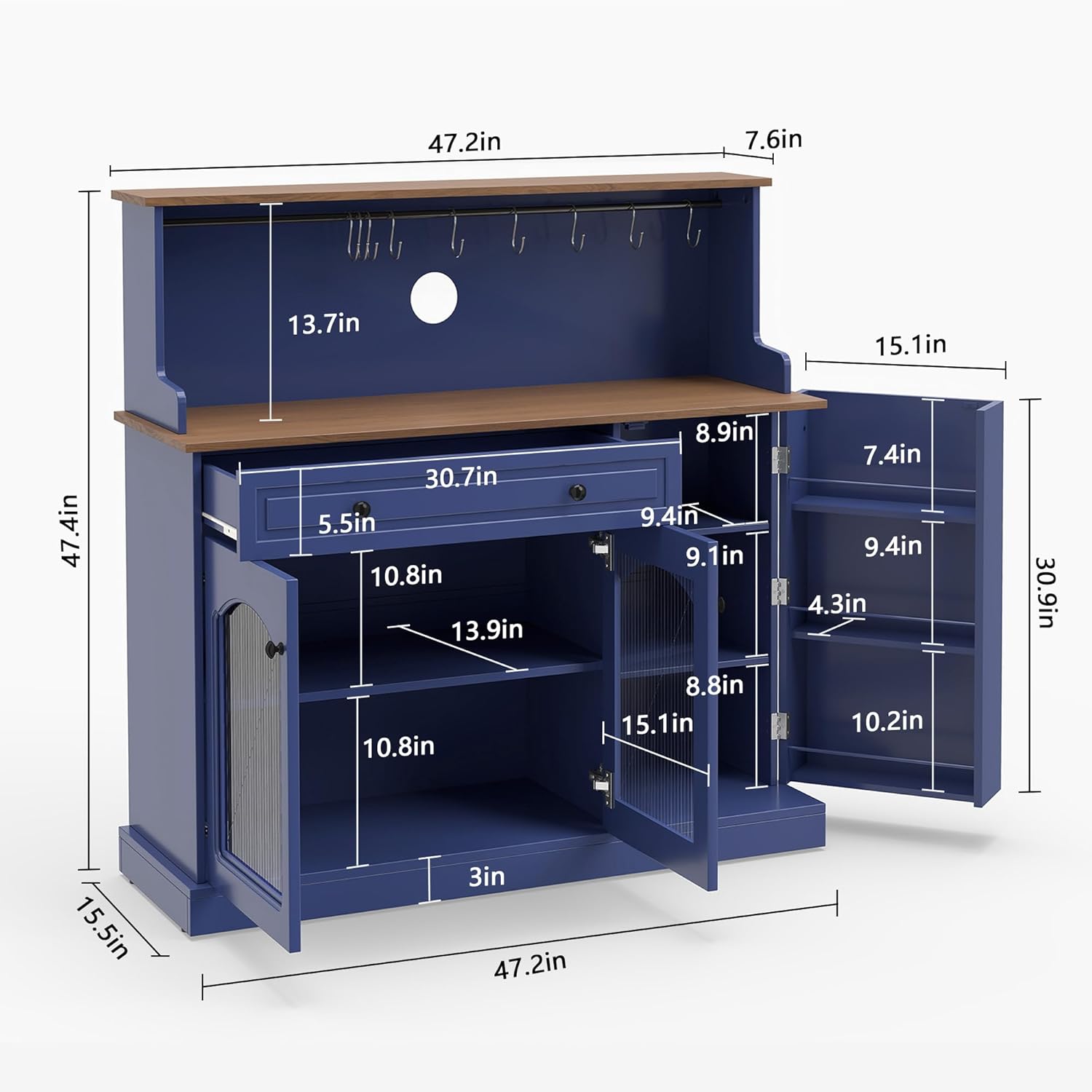 Kitchen Pantry Cabinet with Drawer Storage, 48” Modern Farmhosue Kitchen Hutch with Glass Doors, Blue Storage Cabinet with Countertop and Adjustable Shelves for Dining Room, Living Room