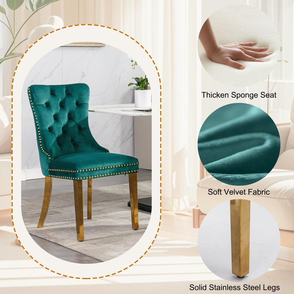 3-Piece Round Marble Dining Table Set for 4 with Velvet Chairs | Modern Faux Marble Kitchen Table with 4 Green Tufted Chairs,White Gold Dinner Tables Diamond Stainless Steel Pedestal Base
