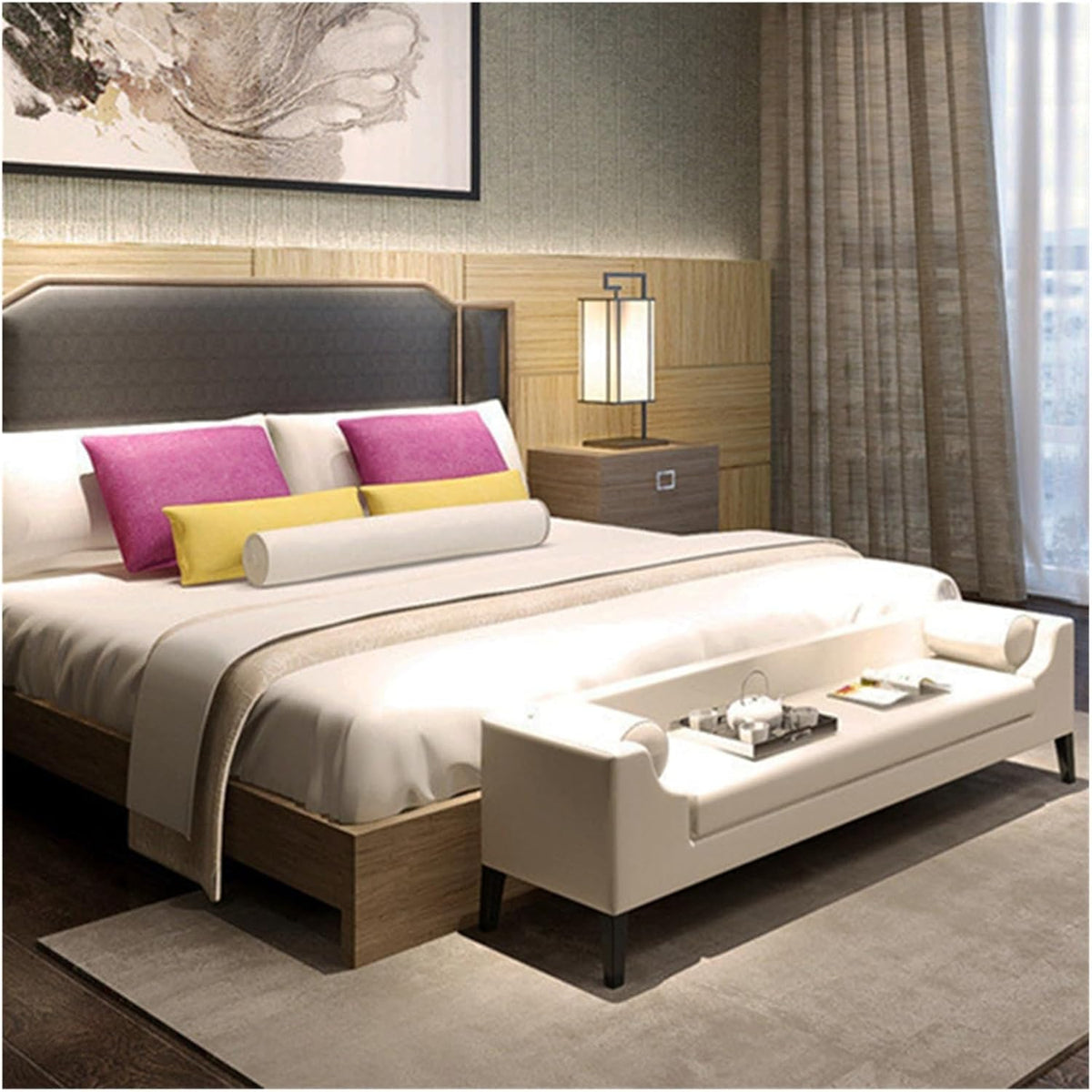 Modern End of Bed Bench for Bedroom,Upholstered Storage Ottoman with Arms Tufted Entryway with for Living Room Entryway(Beige)