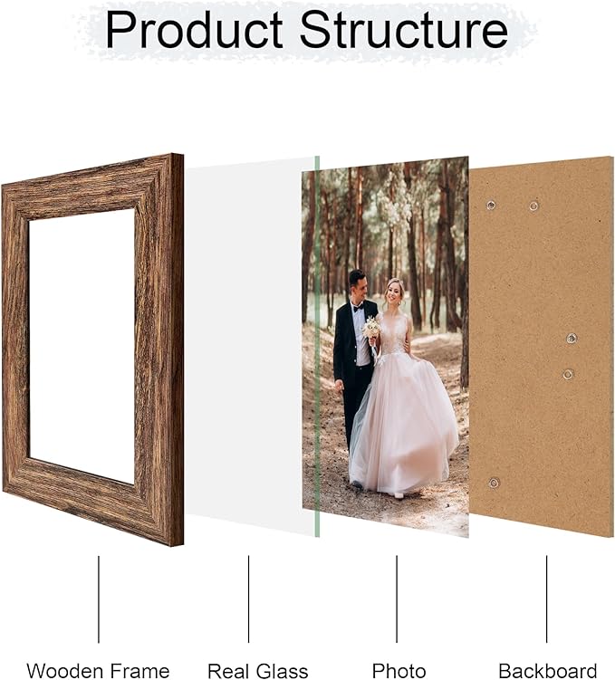 5x7 Picture Frame Set of 4, High Definition Glass Brown Frame, 5 x 7 Wood Rustic Picture Frames for Horizontal or Vertical Table Top and Wall Mounting