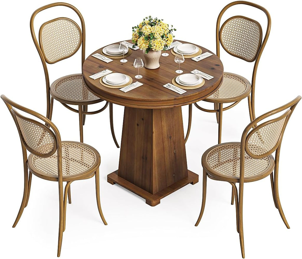 LITTLE TREE Solid Wood Round Dining Table, 31.5" Small Kitchen Table for 2, Modern Farmhouse Dinner Table for Dining Room, Kitchen, Living Room, Artistic Geometric Base, Table Only (Rustic Brown)
