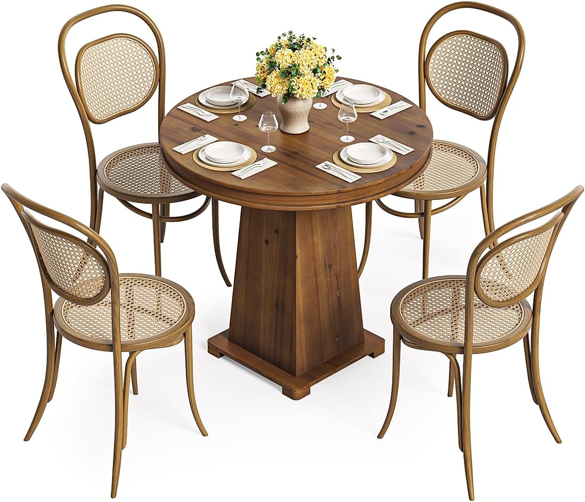 LITTLE TREE Solid Wood Round Dining Table, 31.5" Small Kitchen Table for 2, Modern Farmhouse Dinner Table for Dining Room, Kitchen, Living Room, Artistic Geometric Base, Table Only (Rustic Brown)