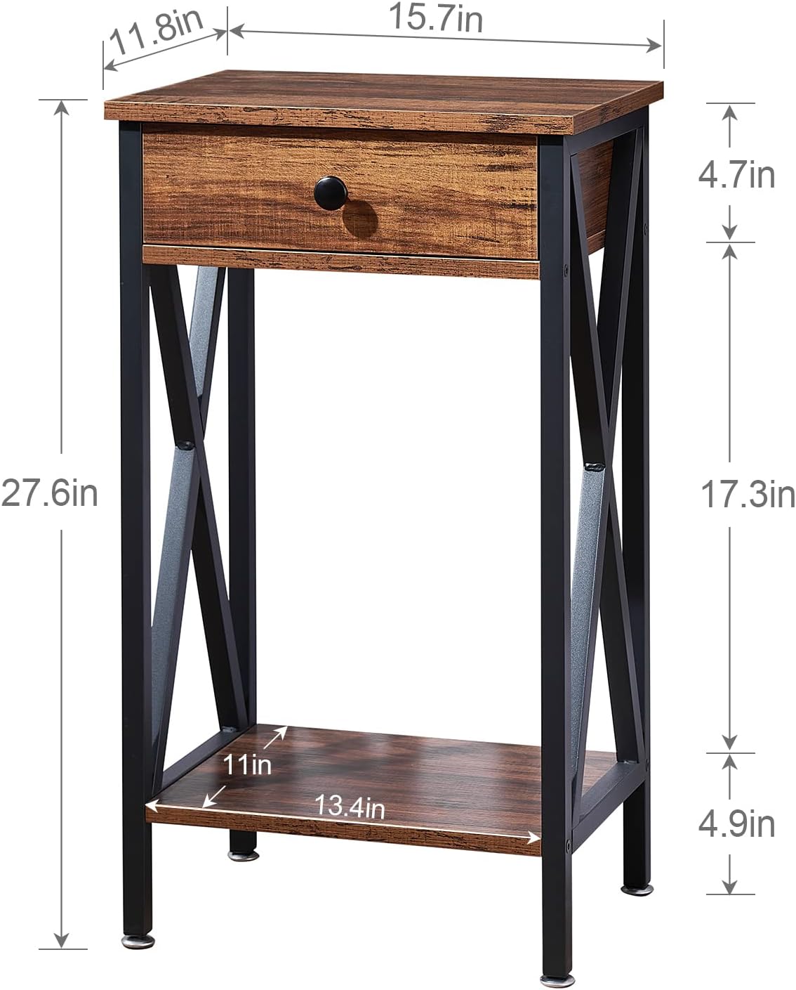 VECELO Tall Nightstand,27.6 inch Wooden End Table with Metal X-Frame,Side Table with Drawer and Storage Shelf for Living Room Bedroom Entryway Small Spaces