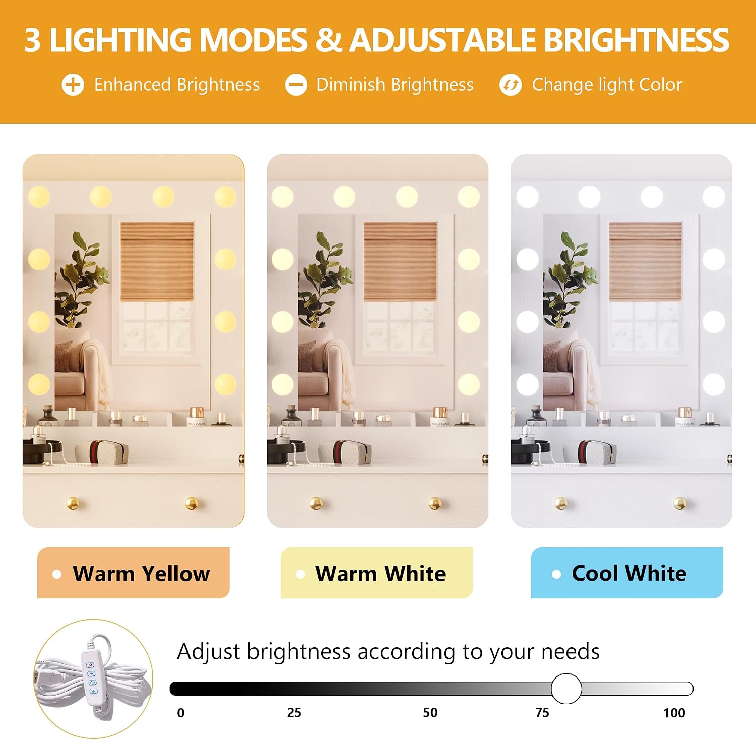 Wodeer Makeup Vanity Desk with Mirror and Lights, 43" White Vanity Set with 3 Drawers, Power Outlet & Adjustable RGB LED Lights, Dressing Table with Storage Shelf for Women & Girls Bedroom