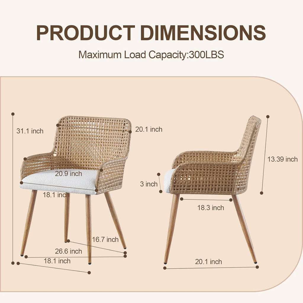 Rattan Dining Chairs Set of 2,Modern Dining Room Chairs with Upholstered Cushion and Metal Legs,Rattan Kitchen Chairs,Brown