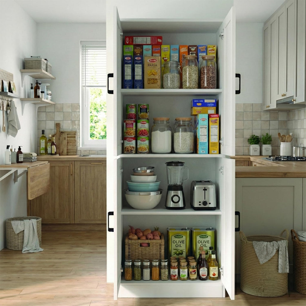 DIYART 71" Tall Kitchen Pantry Cabinet, Freestanding Food Storage Organizer with Doors & Adjustable Shelves, Large Utility Hutch Cupboard for Dining Room, Kitchen & Home Office, White