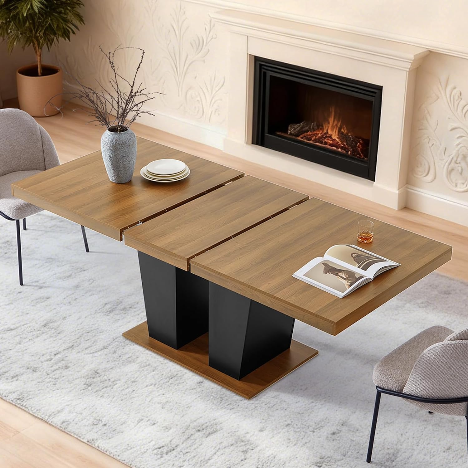 Dining Table Extendable 63 in-79 in for 4-8 Expandable Wood Rectangle with Fluted Base for Dining Room Kitchen Living Room Furniture Brown