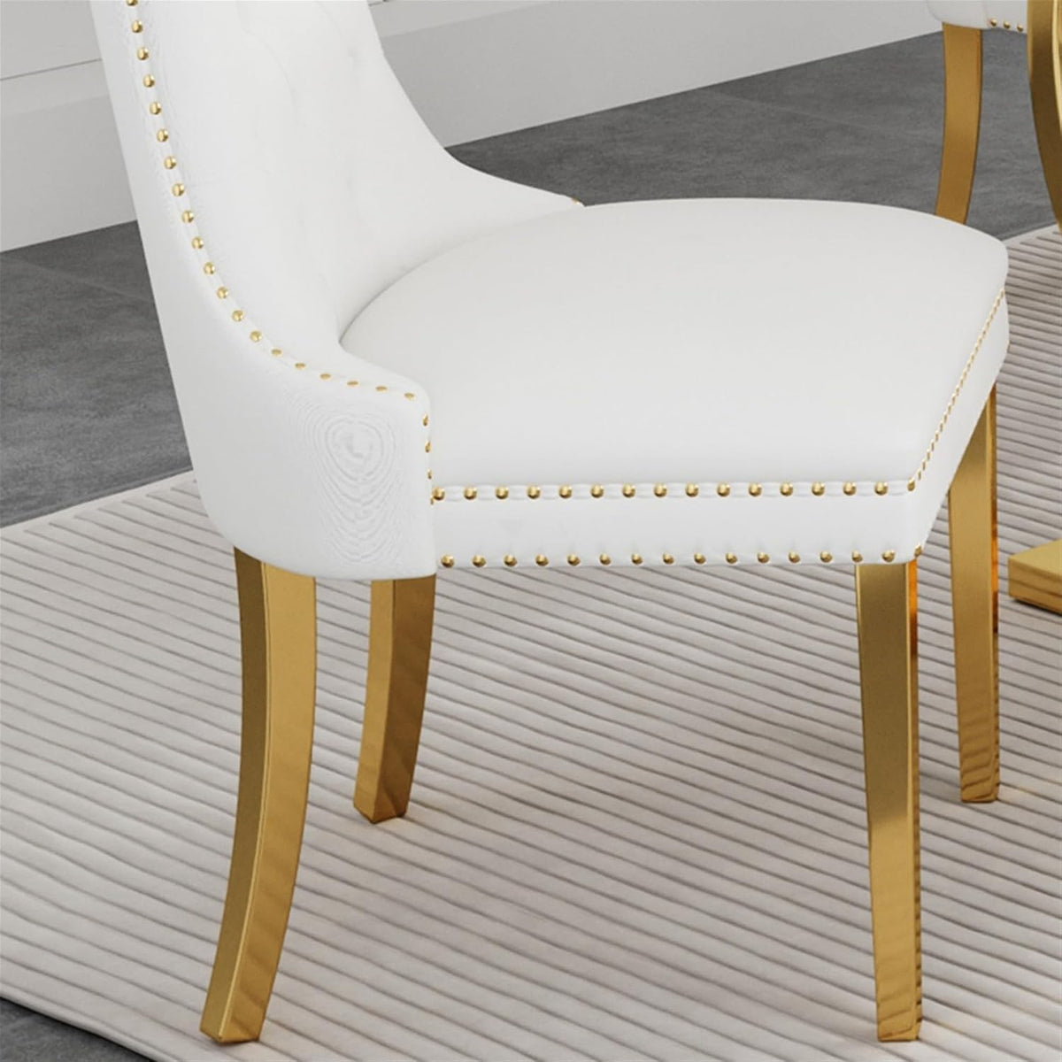White Velvet Dining Chairs Set of 2, Mid Century Modern Kitchen & Dining Room Chairs, Fabric Tufted Dinning Chairs, Velvet Upholstered, Wing Back, Pull Ring, Stainless Steel Legs, Gold