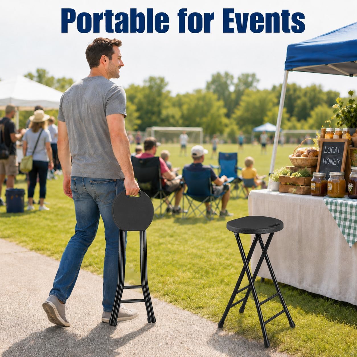Folding Stool, Black 24 Inch Foldable Bar Stool with Handle | Folding Extra Seat, 500 lbs Capacity, Space-Saving, for Kitchen Island, Counter, Guitar, RV Travel, Camping, Party (1 Pack)