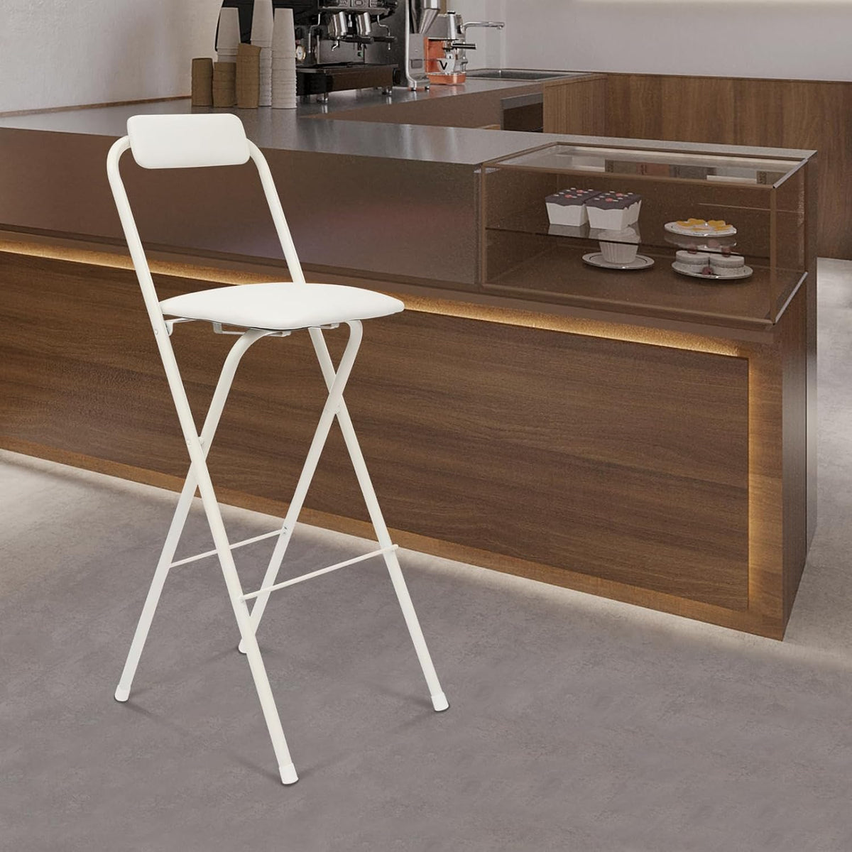 1 Pcs Folding Bar Stool with Backrest 29.5 Inch Tall Foldable Stool Chair Portable High Folding Bar Chair Counter Height Seat Cushioned Padded for Kitchen Island Shop Cafe Dining Room (White)