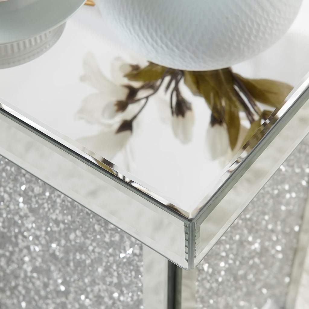 Silver Mirrored End Table with Crystal, Modern Side Accent Table, Square Small Coffee Table for Living Room, Bedroom,Office, Hallway, Entryway