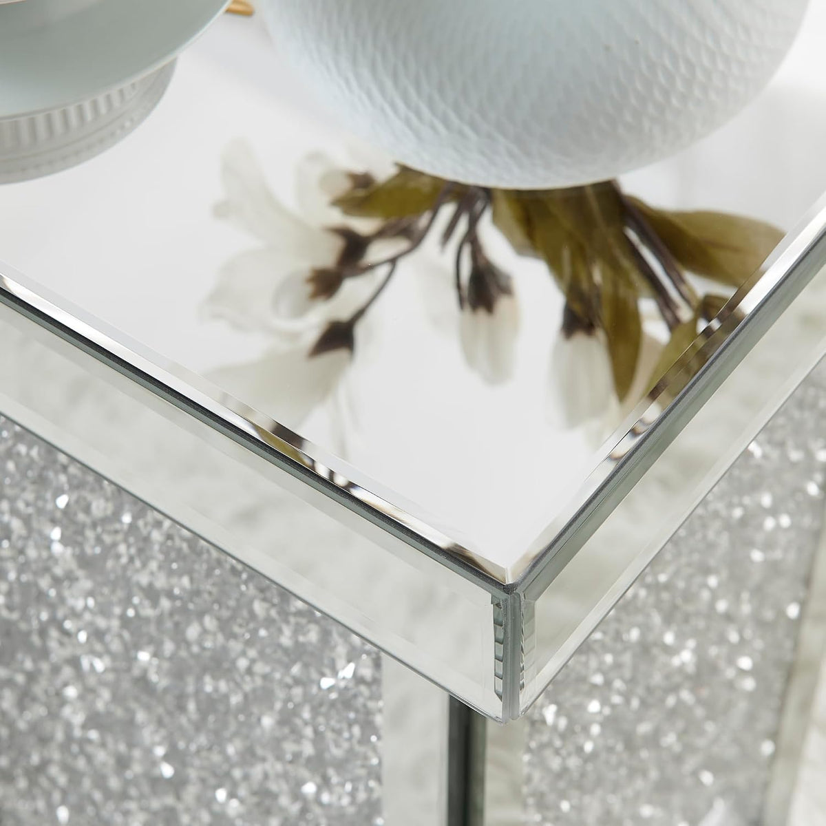 Silver Mirrored End Table with Crystal, Modern Side Accent Table, Square Small Coffee Table for Living Room, Bedroom,Office, Hallway, Entryway