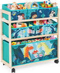 Jomifin Toy Storage Cart with Wheels, 6 Bins Organizer for Kids | Sturdy pine wood frame with 360° rolling wheels & brakes. 6 removable foldable fabric bins. Compact design saves space