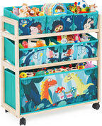 Jomifin Toy Storage Cart with Wheels, 6 Bins Organizer for Kids | Sturdy pine wood frame with 360° rolling wheels & brakes. 6 removable foldable fabric bins. Compact design saves space