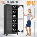 PAOFIN 75" H Locking Display Cabinet with Glass Door, Metal Curio Cabinets with 5 Adjustable Shelves, Tall Liquor Cabinet Display Case for Living Room, Wine, Clinic, Home - Assembly Required Black