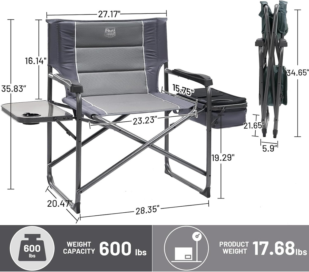 Timber Ridge XXL Oversized Directors Chair 600lbs - Heavy Duty Camping Chair with Cooler Bag & Table, Portable Folding Chair with Wide Seat for Tailgating, Patio, Outdoor - Grey