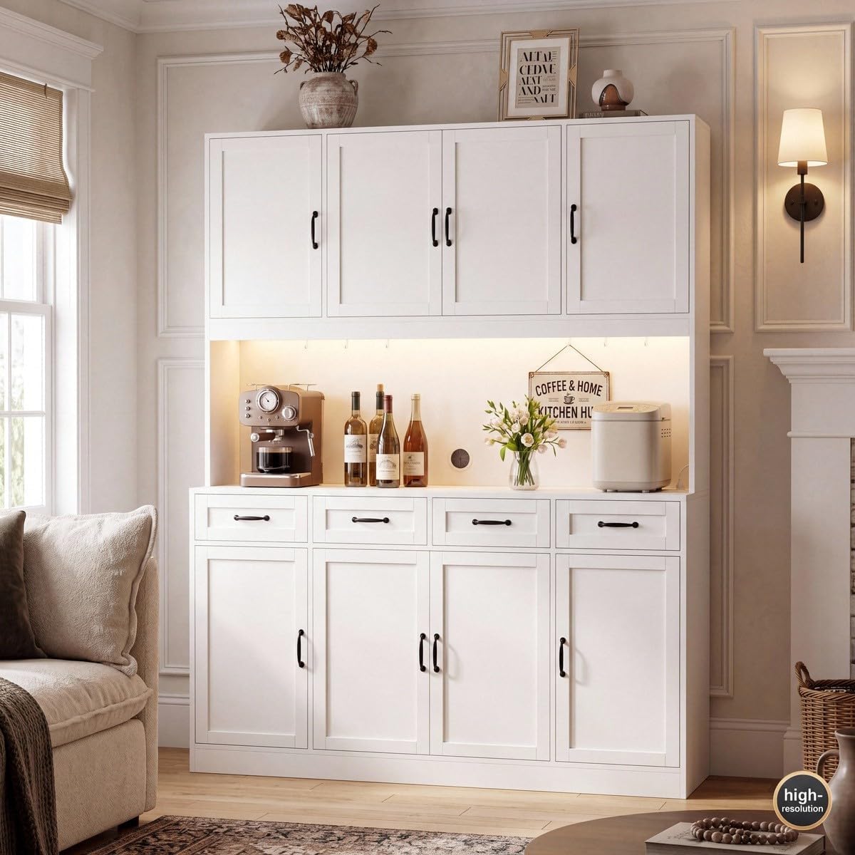 HITHOS 73" Tall Kitchen Pantry Storage Cabinet, Large Charging Hutch, White | Wood Kitchen Pantry Cabinet with Charging Station, Kitchen Hutch Storage Cabinet with Countertop, Food Pantry with LED Light