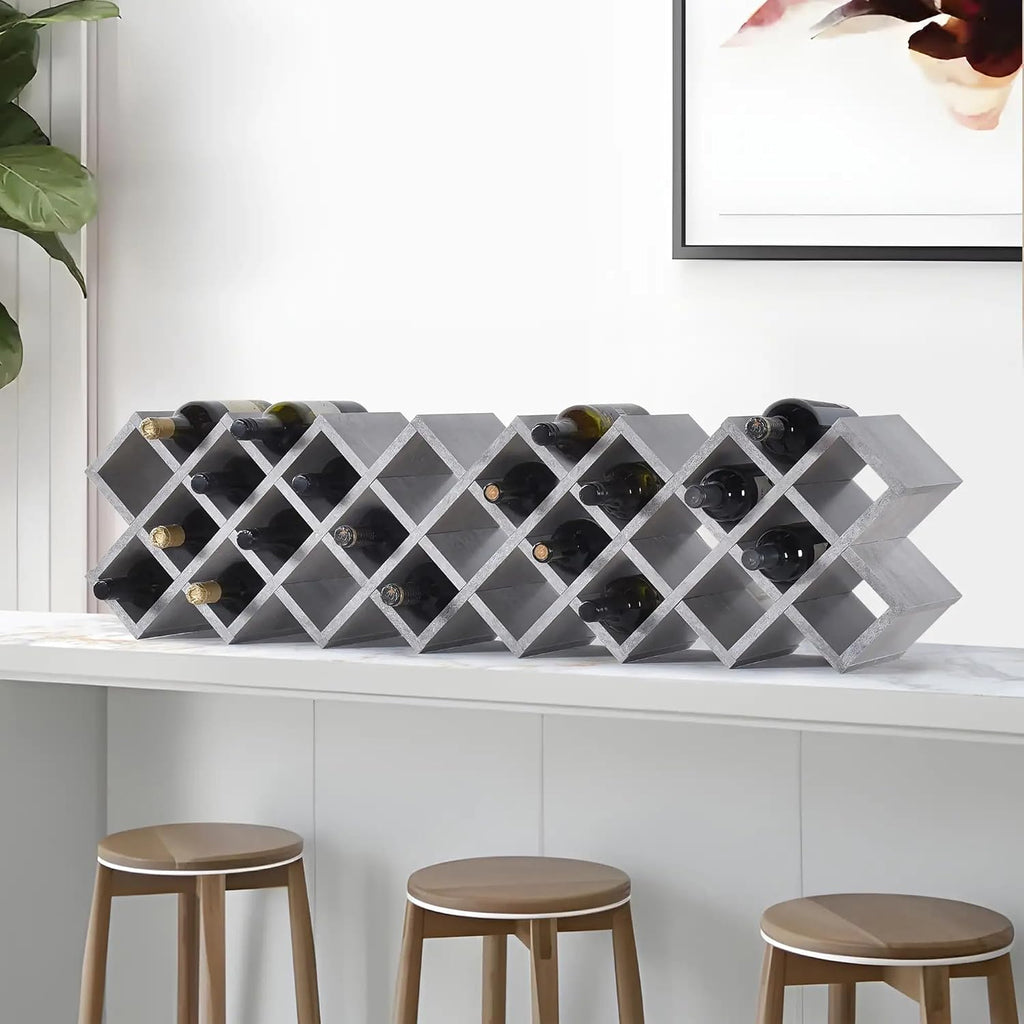 Kings Brand Furniture 30-Bottle Wine Rack – Geometric Grid Design, Modern Countertop Wine Storage for Kitchen, Bar, or Sideboard Display (Concrete Finish)